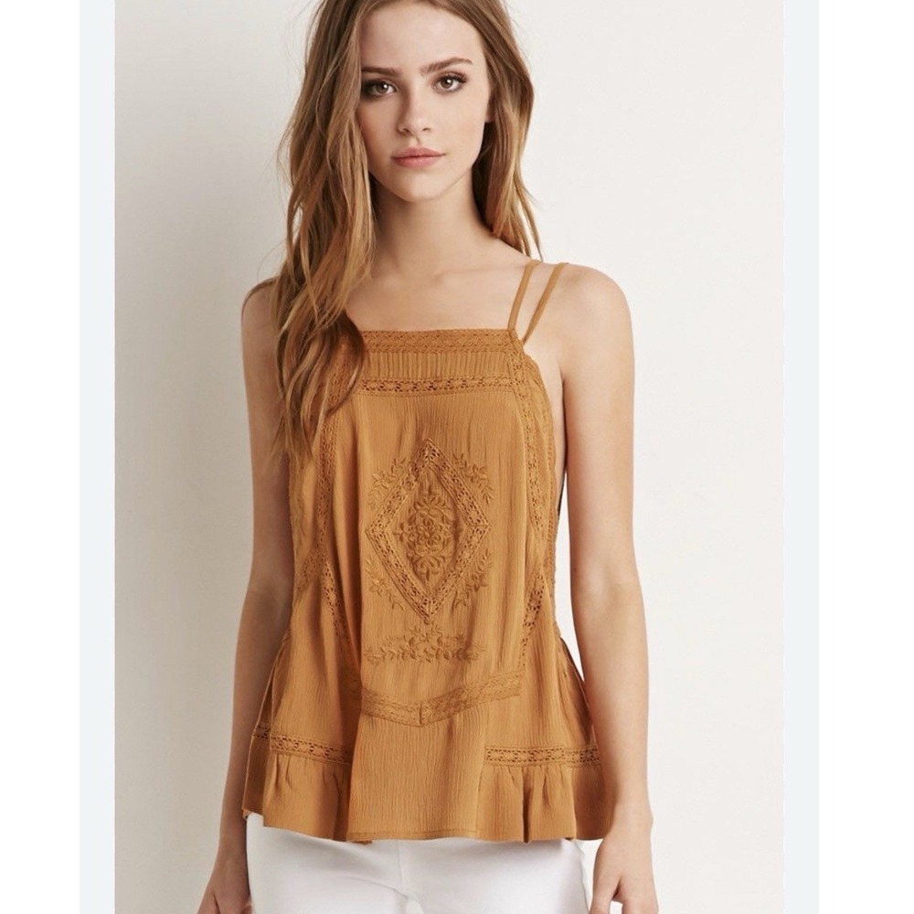 Forever 21 Camisole Top Womens Small Brown Excellent Embroidered Boho Halter